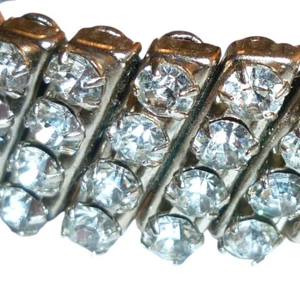 Vintage 1950s Rhinestone Expansion Bracelet 3 Row Clear Sparkly Stretch Glam